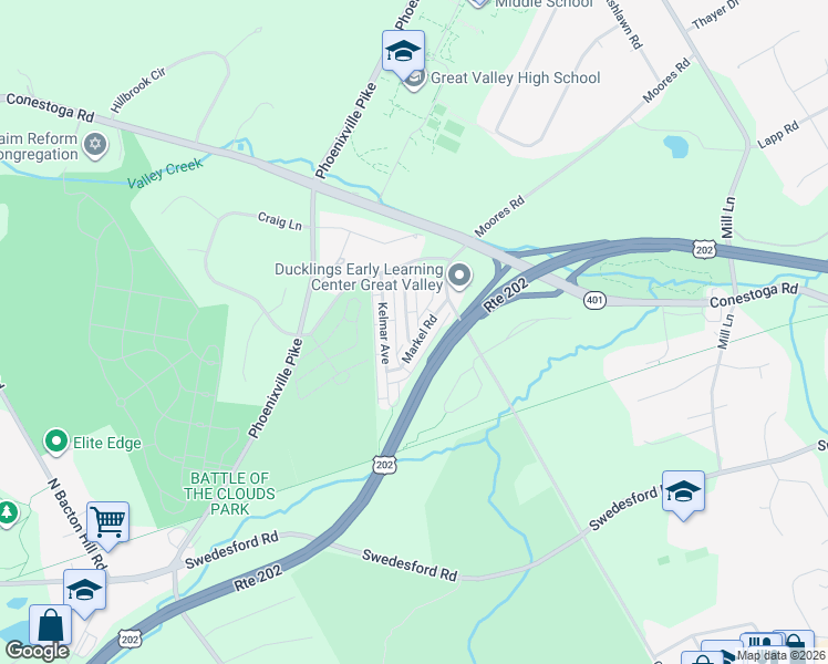 map of restaurants, bars, coffee shops, grocery stores, and more near 24 Markel Road in Malvern