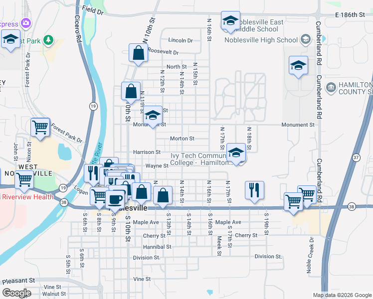 map of restaurants, bars, coffee shops, grocery stores, and more near 1443 Morton Street in Noblesville