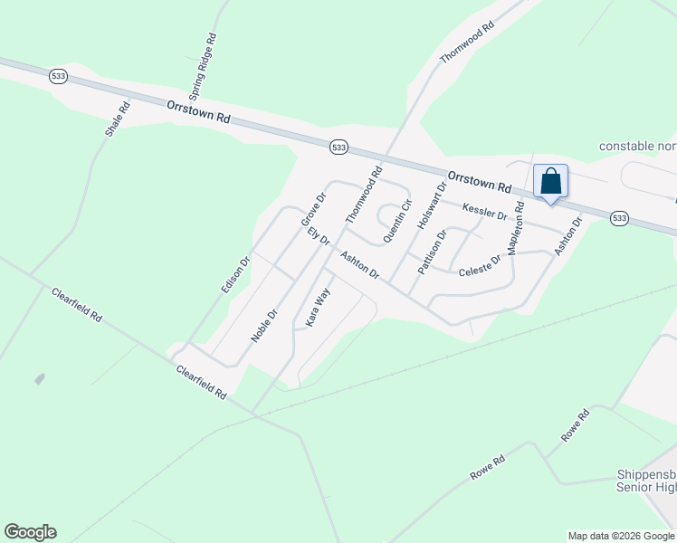 map of restaurants, bars, coffee shops, grocery stores, and more near 1265 Ashton Drive in Shippensburg