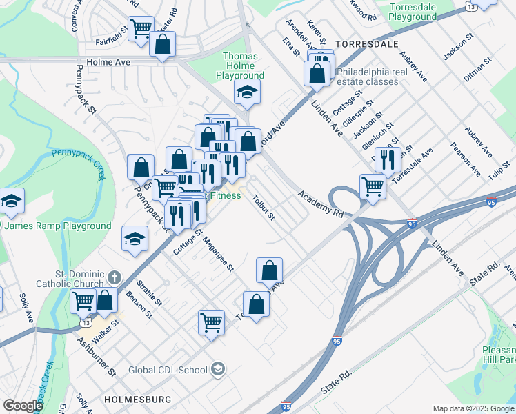 map of restaurants, bars, coffee shops, grocery stores, and more near 4470 Tolbut Street in Philadelphia
