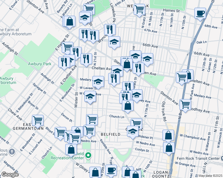 map of restaurants, bars, coffee shops, grocery stores, and more near 6248 Limekiln Pike in Philadelphia