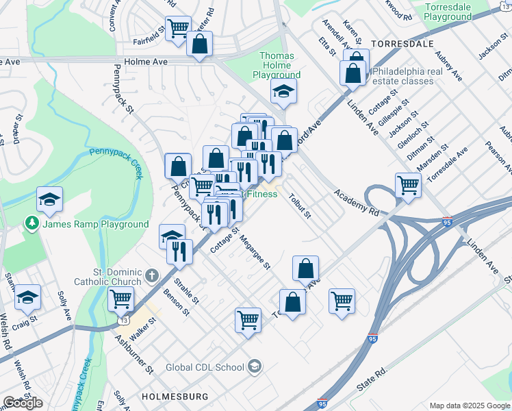 map of restaurants, bars, coffee shops, grocery stores, and more near 8818 Cottage Street in Philadelphia
