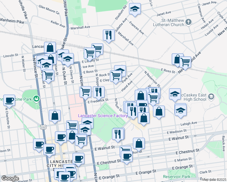 map of restaurants, bars, coffee shops, grocery stores, and more near 352 East New Street in Lancaster