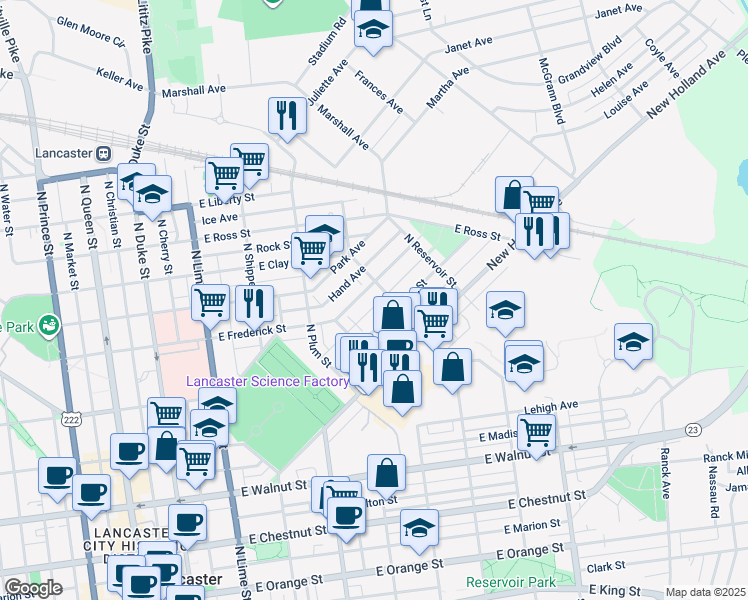 map of restaurants, bars, coffee shops, grocery stores, and more near 561 Reynolds Avenue in Lancaster
