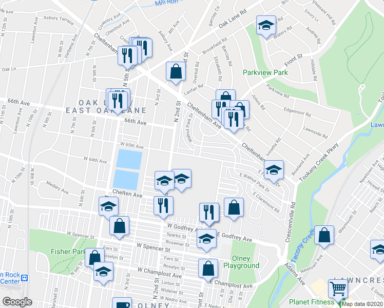 map of restaurants, bars, coffee shops, grocery stores, and more near 181b West 65th Avenue in Philadelphia