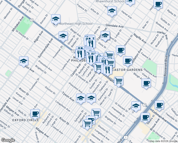 map of restaurants, bars, coffee shops, grocery stores, and more near 2040 Cottman Avenue in Philadelphia