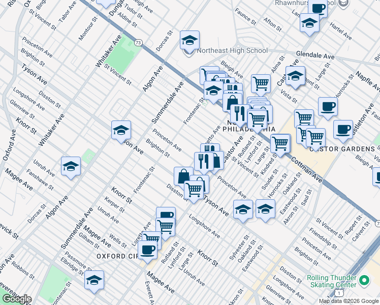 map of restaurants, bars, coffee shops, grocery stores, and more near 1343 Friendship Street in Philadelphia