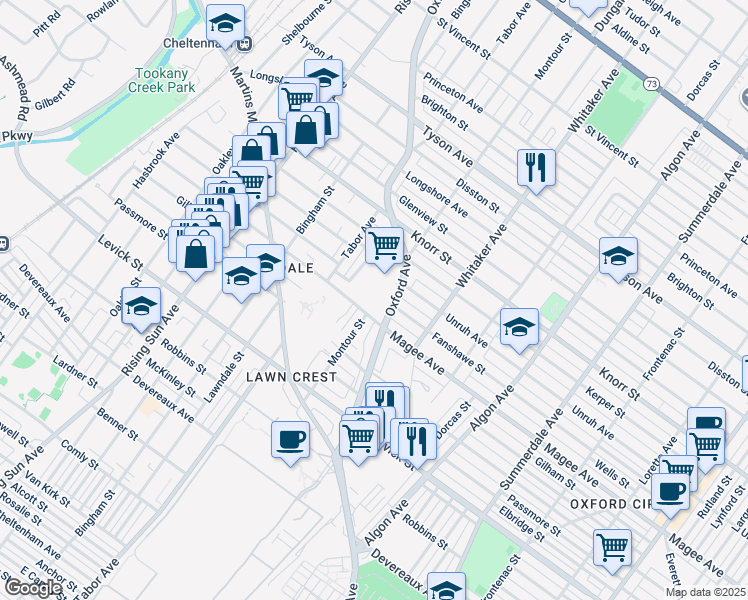 map of restaurants, bars, coffee shops, grocery stores, and more near 6640 Oxford Avenue in Philadelphia