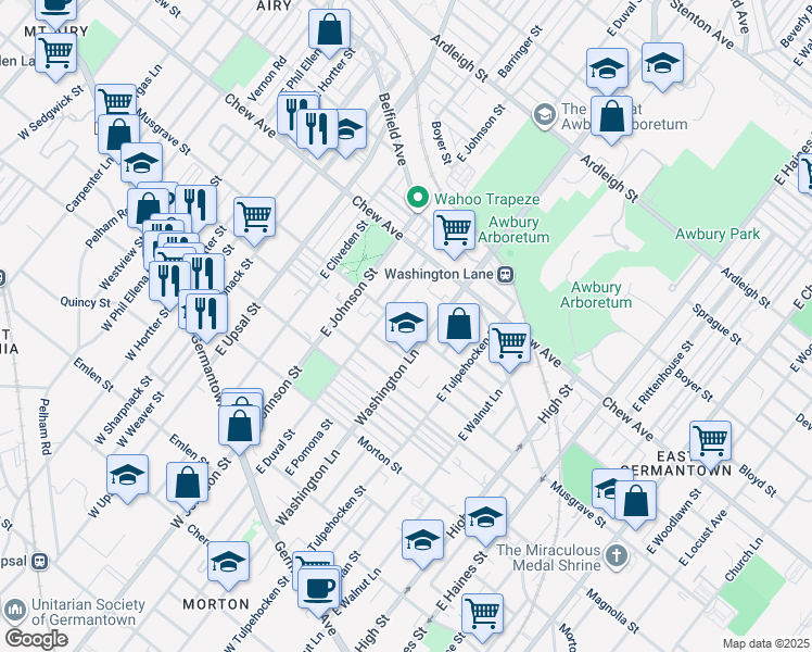map of restaurants, bars, coffee shops, grocery stores, and more near 6327 Musgrave Street in Philadelphia