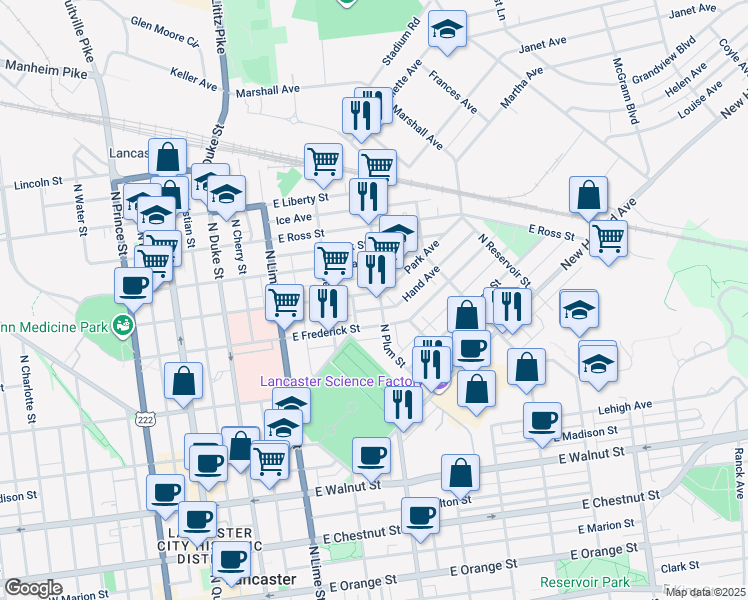 map of restaurants, bars, coffee shops, grocery stores, and more near 701 North Plum Street in Lancaster