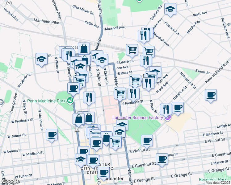 map of restaurants, bars, coffee shops, grocery stores, and more near 721 Pennsylvania 272 in Lancaster