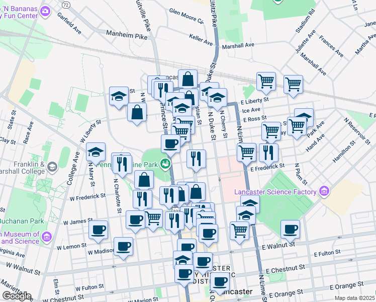 map of restaurants, bars, coffee shops, grocery stores, and more near 726 North Queen Street in Lancaster
