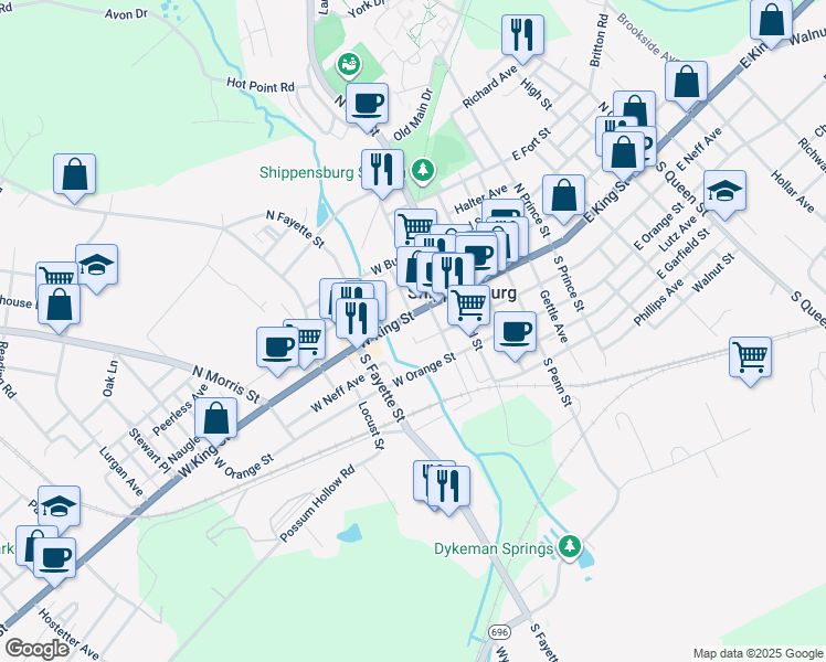 map of restaurants, bars, coffee shops, grocery stores, and more near 34 West King Street in Shippensburg