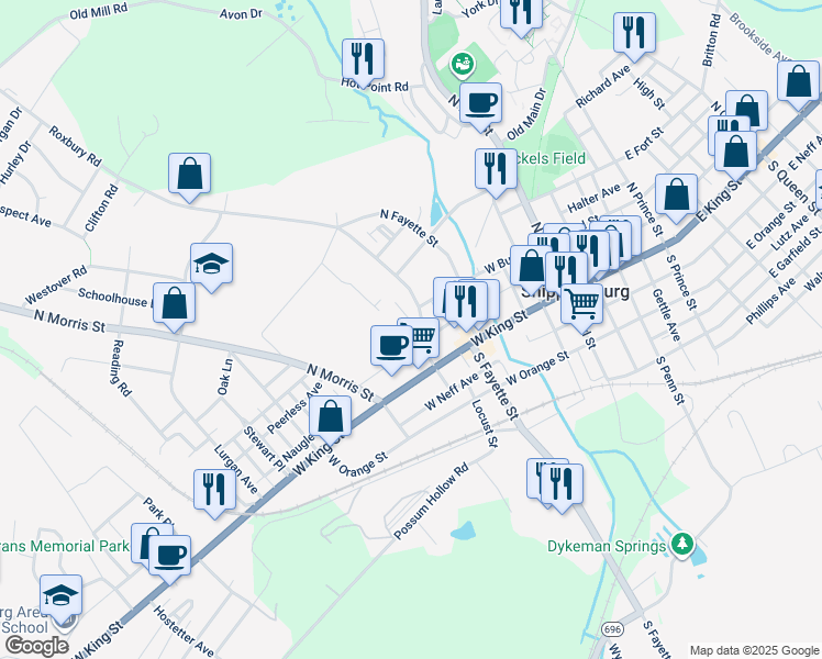 map of restaurants, bars, coffee shops, grocery stores, and more near 126 West Burd Street in Shippensburg