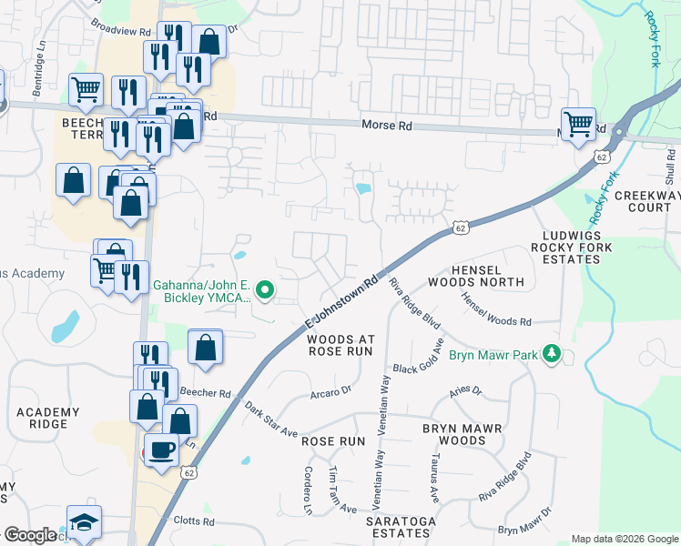 map of restaurants, bars, coffee shops, grocery stores, and more near 1220 Green Drive in Gahanna