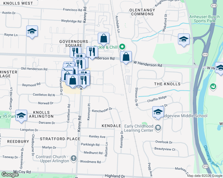 map of restaurants, bars, coffee shops, grocery stores, and more near in Columbus