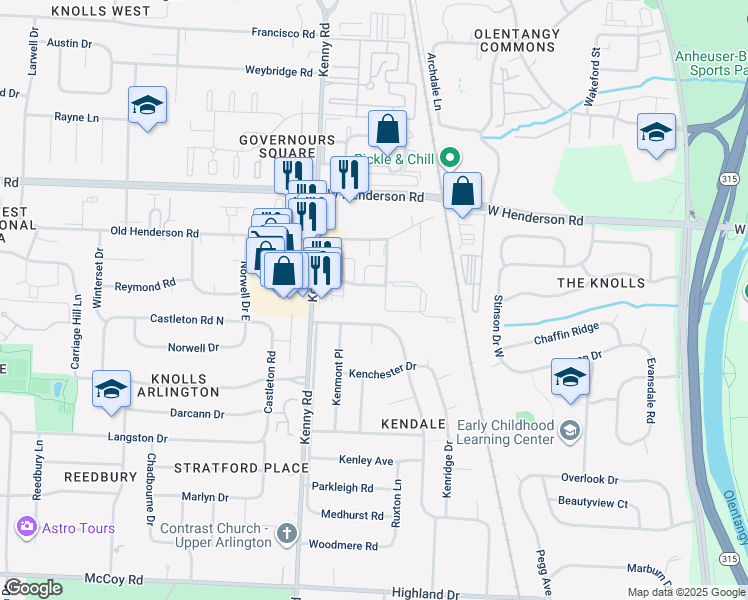map of restaurants, bars, coffee shops, grocery stores, and more near 1040 Folkestone Road in Columbus