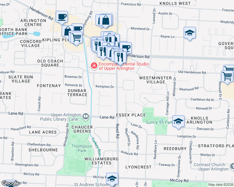 map of restaurants, bars, coffee shops, grocery stores, and more near in Columbus