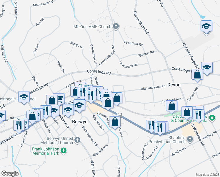 map of restaurants, bars, coffee shops, grocery stores, and more near 427 Littlebrook Road in Berwyn