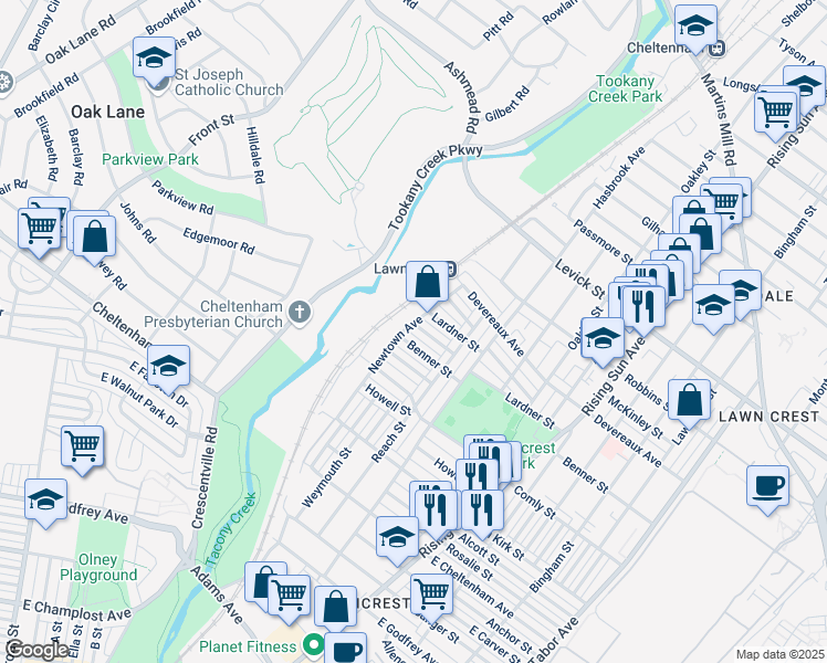map of restaurants, bars, coffee shops, grocery stores, and more near 6120 Newtown Avenue in Philadelphia