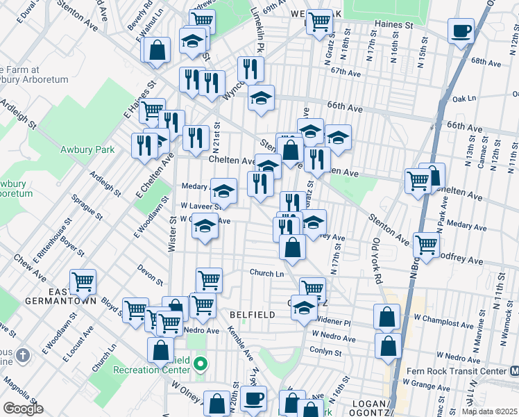 map of restaurants, bars, coffee shops, grocery stores, and more near 6248 Limekiln Pike in Philadelphia