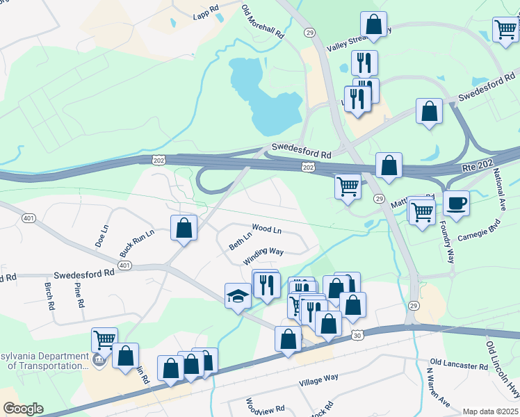 map of restaurants, bars, coffee shops, grocery stores, and more near 8 Hillside Drive in Malvern