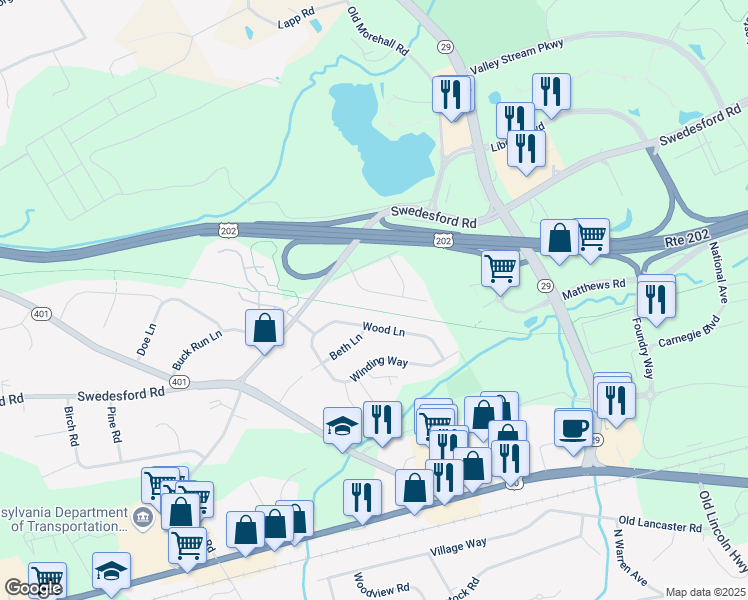 map of restaurants, bars, coffee shops, grocery stores, and more near 8 Hillside Drive in Malvern