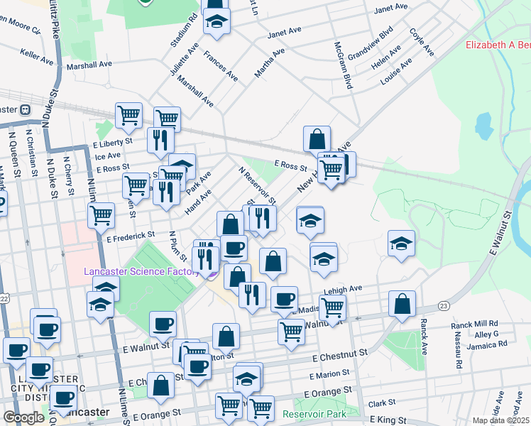 map of restaurants, bars, coffee shops, grocery stores, and more near 647 New Holland Ave in Lancaster