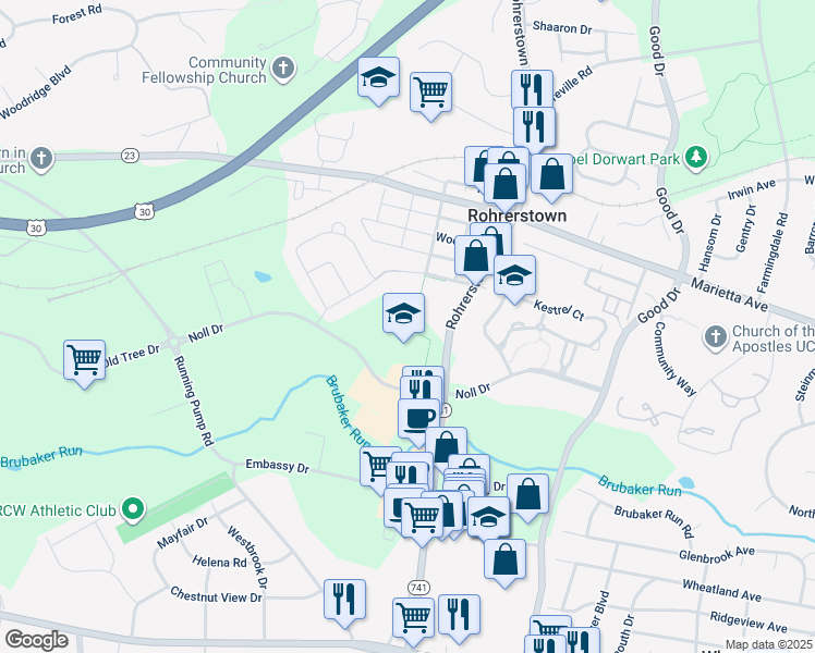 map of restaurants, bars, coffee shops, grocery stores, and more near 2200 Noll Drive in Lancaster