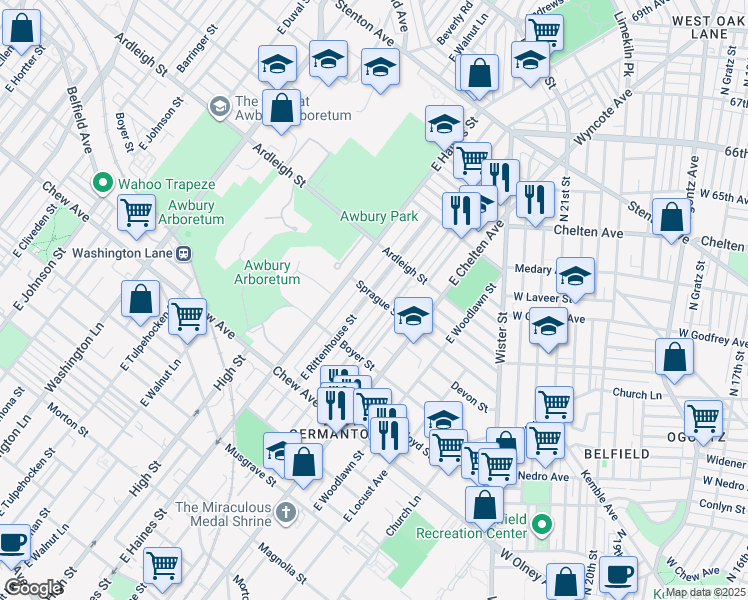map of restaurants, bars, coffee shops, grocery stores, and more near 946 East Rittenhouse Street in Philadelphia