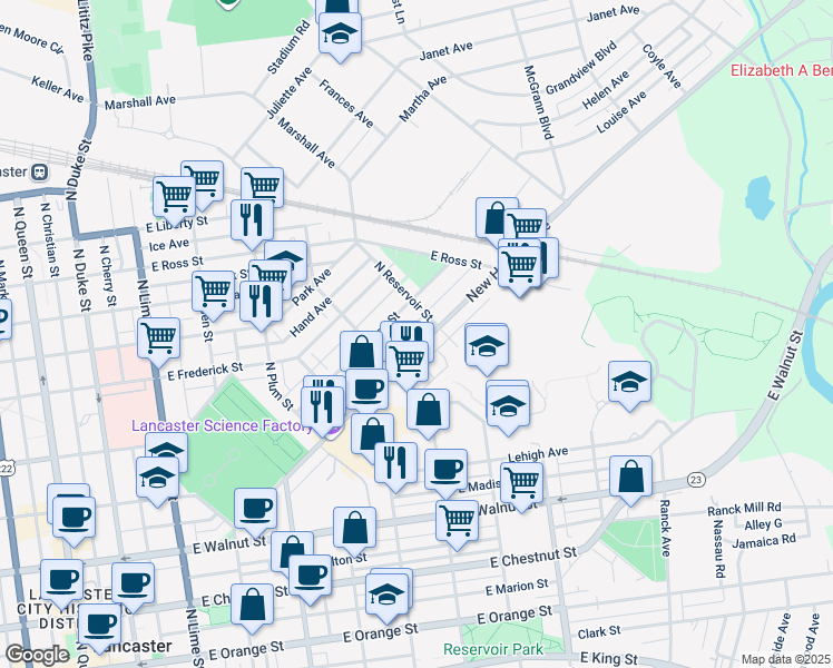 map of restaurants, bars, coffee shops, grocery stores, and more near 647 New Holland Ave in Lancaster