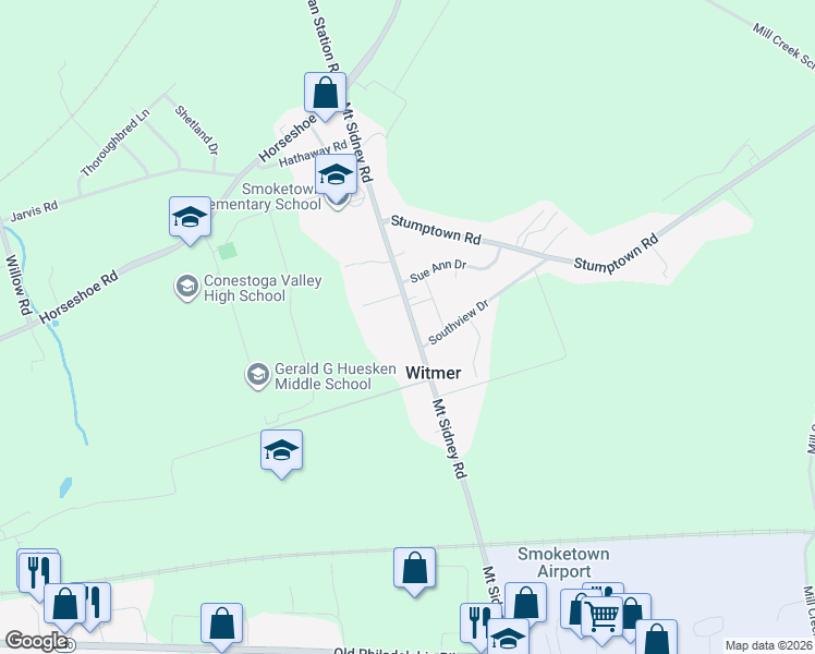 map of restaurants, bars, coffee shops, grocery stores, and more near 455 Mount Sidney Road in Witmer