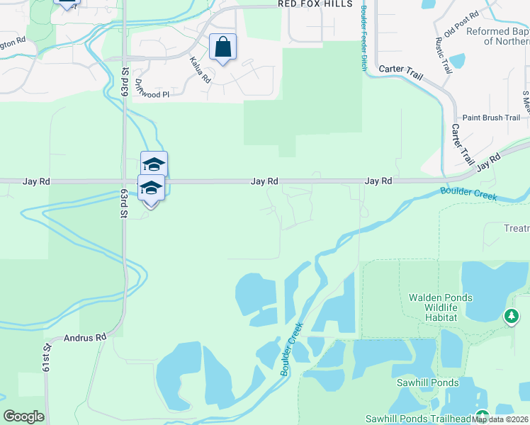 map of restaurants, bars, coffee shops, grocery stores, and more near 6686 Jay Road in Boulder