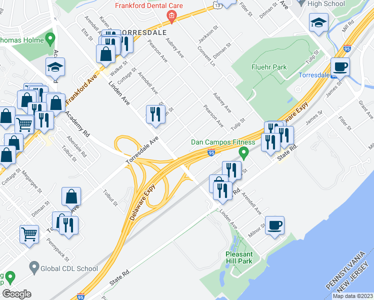 map of restaurants, bars, coffee shops, grocery stores, and more near 9224 Edmund Street in Philadelphia