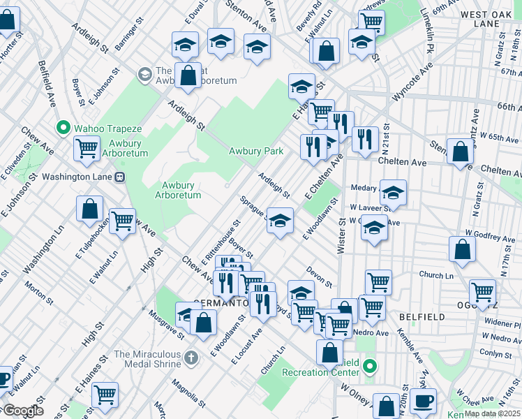 map of restaurants, bars, coffee shops, grocery stores, and more near 1003 East Price Street in Philadelphia