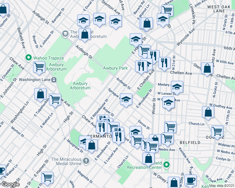 map of restaurants, bars, coffee shops, grocery stores, and more near 1003 East Price Street in Philadelphia