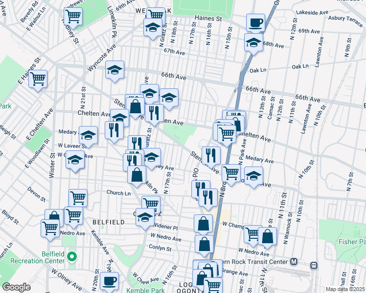 map of restaurants, bars, coffee shops, grocery stores, and more near Stenton Avenue in Philadelphia