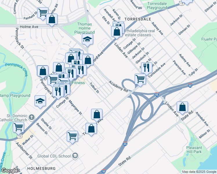 map of restaurants, bars, coffee shops, grocery stores, and more near 4538 Carwithan Street in Philadelphia