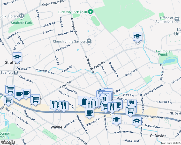 map of restaurants, bars, coffee shops, grocery stores, and more near 420 North Wayne Avenue in Wayne