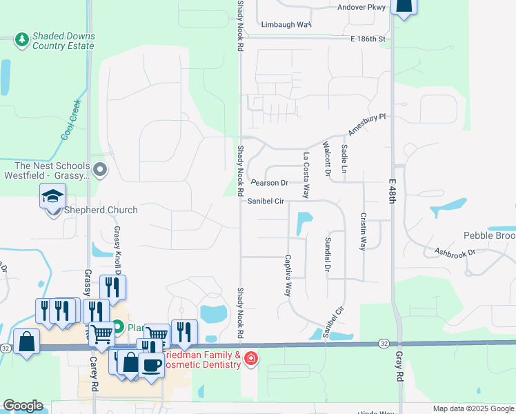 map of restaurants, bars, coffee shops, grocery stores, and more near 18085 Sanibel Circle in Noblesville