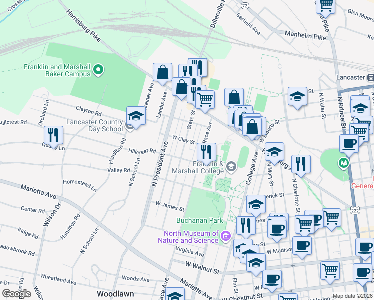 map of restaurants, bars, coffee shops, grocery stores, and more near 1026 West Clay Street in Lancaster