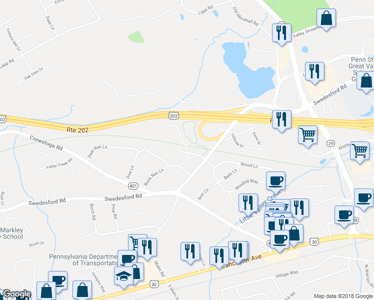 map of restaurants, bars, coffee shops, grocery stores, and more near 8 Knickerbocker Lane in Malvern