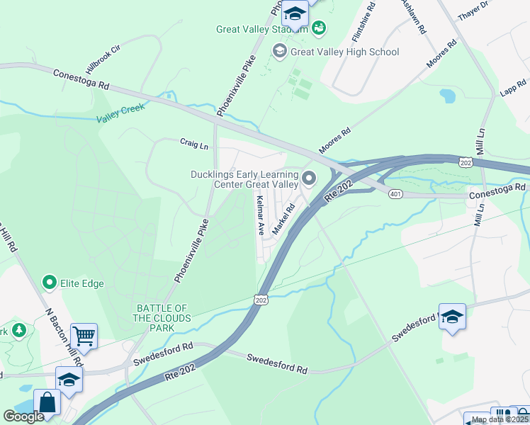 map of restaurants, bars, coffee shops, grocery stores, and more near 57 Kelmar Avenue in Malvern