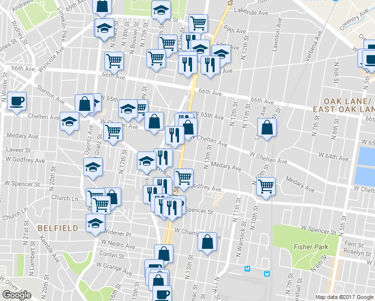 map of restaurants, bars, coffee shops, grocery stores, and more near 6315 North Broad Street in Philadelphia