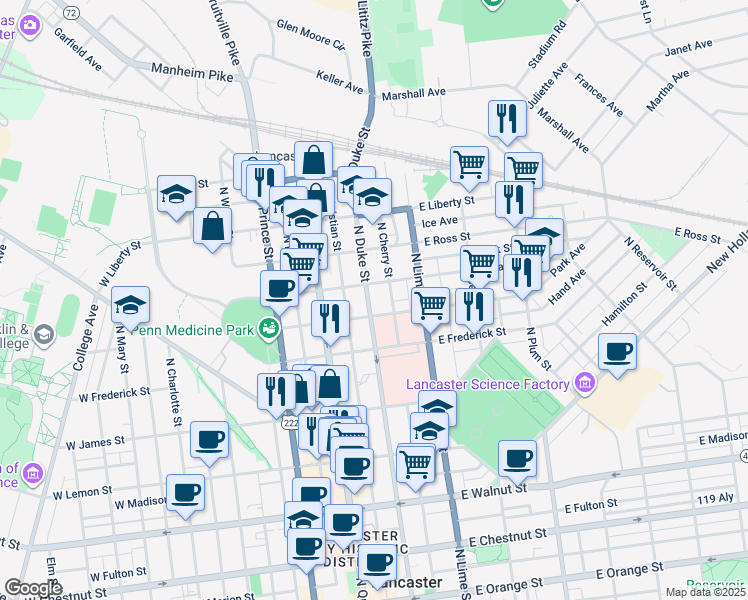 map of restaurants, bars, coffee shops, grocery stores, and more near 715 North Duke Street in Lancaster