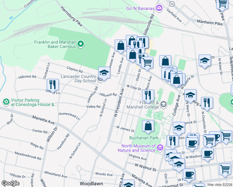 map of restaurants, bars, coffee shops, grocery stores, and more near 710 North President Avenue in Lancaster