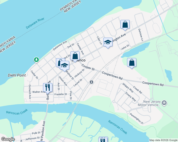 map of restaurants, bars, coffee shops, grocery stores, and more near 618 Cooper Street in Delanco