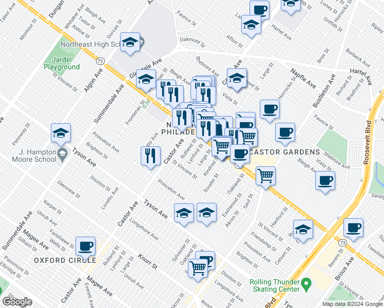 map of restaurants, bars, coffee shops, grocery stores, and more near 7240 Lynford Street in Philadelphia