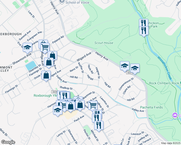 map of restaurants, bars, coffee shops, grocery stores, and more near 7328 Hiola Road in Philadelphia