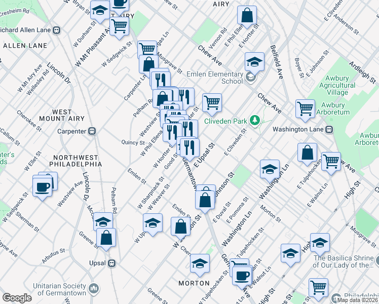 map of restaurants, bars, coffee shops, grocery stores, and more near 42 East Sharpnack Street in Philadelphia